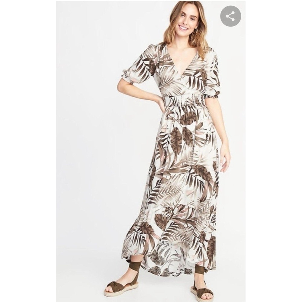 Old Navy Tropical Palm Leaf Smocked Waist High-Low Maxi Dress Cream Brown XL